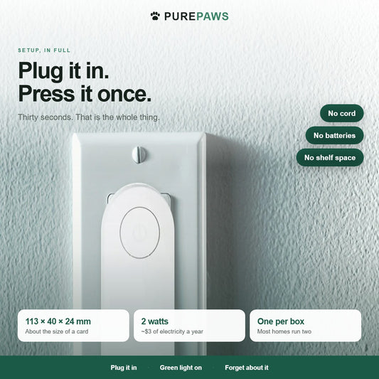Nimbus plugged into a US wall outlet, with size and power details