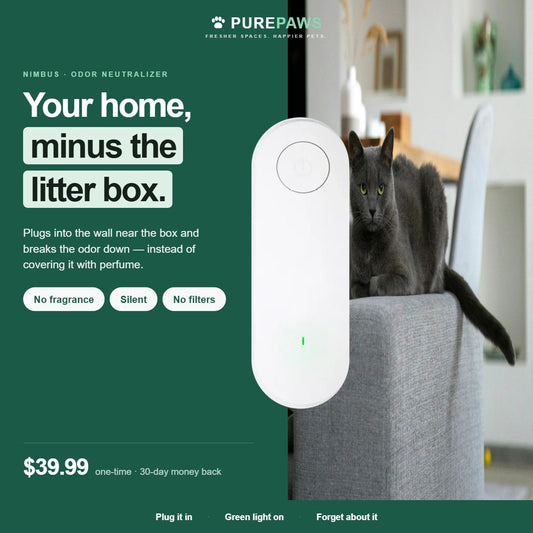 PurePaws Nimbus litter box odor neutralizer with a cat resting on a sofa behind it