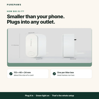 Nimbus is 113 by 40 by 24 mm — one unit per litter box